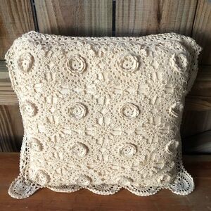 Crochet Lace Top Cotton Cream Accent Pillow with Scalloped Edges